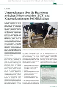 Untersuchungen über die Beziehung zwischen Körperkondition (BCS) und Klauenerkrankungen bei Milchkühen